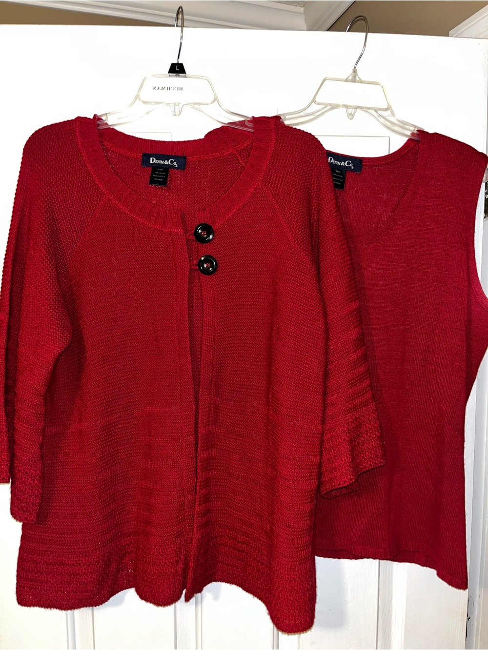 Denim&Co Red Knit Button-Front Cardigan with Matching Shell - 2 piece set